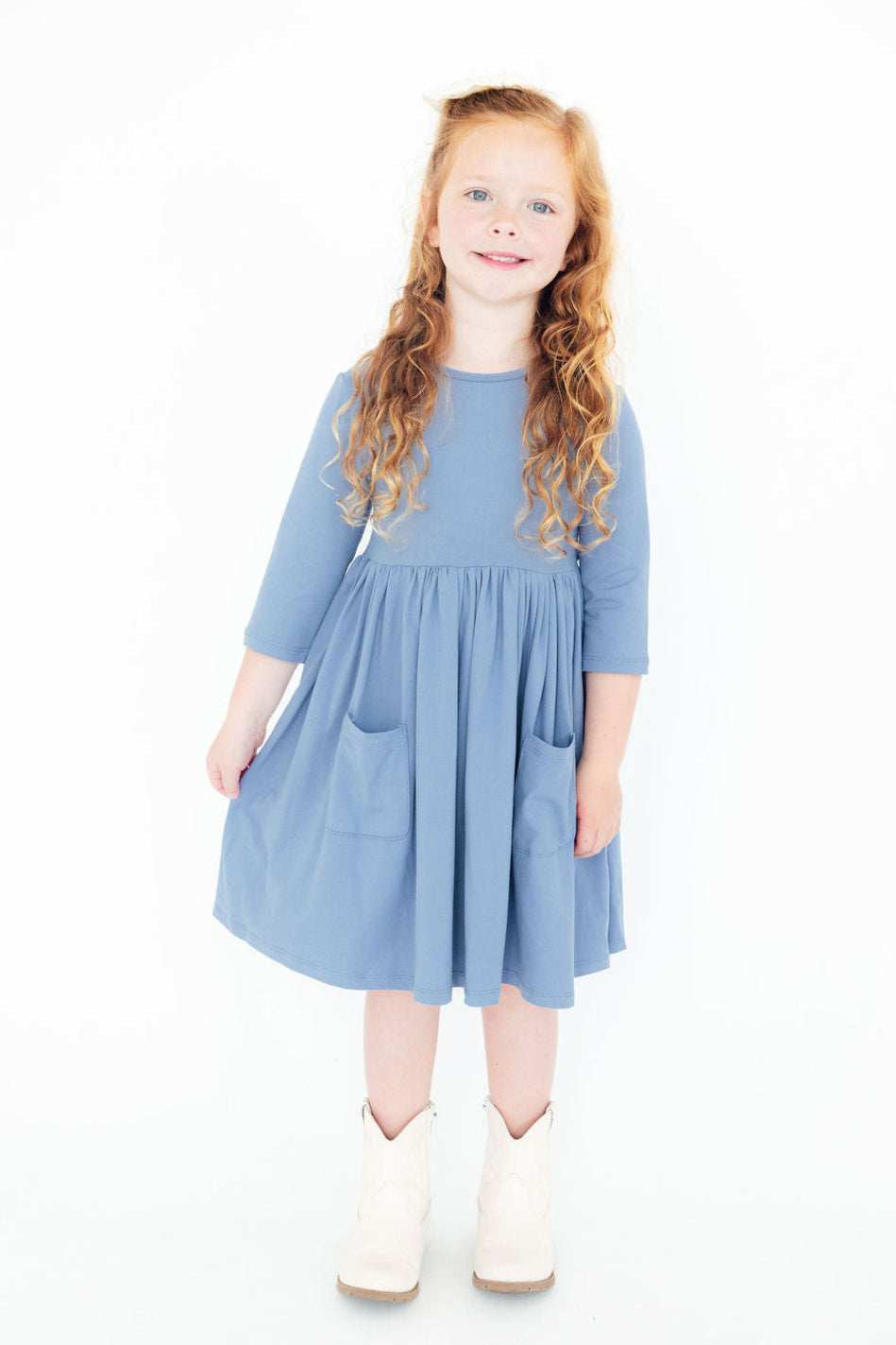 Dusty Blue 3/4 Sleeve Pocket Twirl Dress - Mila & Rose ® - Flyclothing LLC