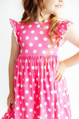 Pink Polka Dots Flutter Sleeve Twirl Dress - Mila & Rose ® - Flyclothing LLC