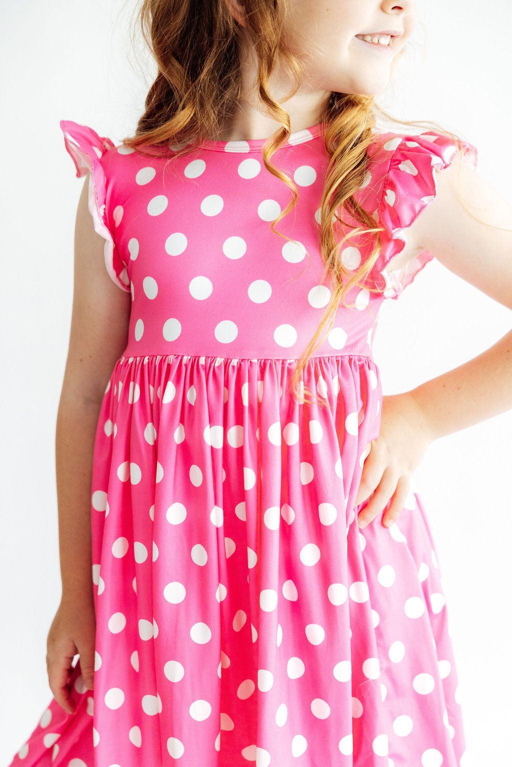 Pink Polka Dots Flutter Sleeve Twirl Dress - Mila & Rose ® - Flyclothing LLC