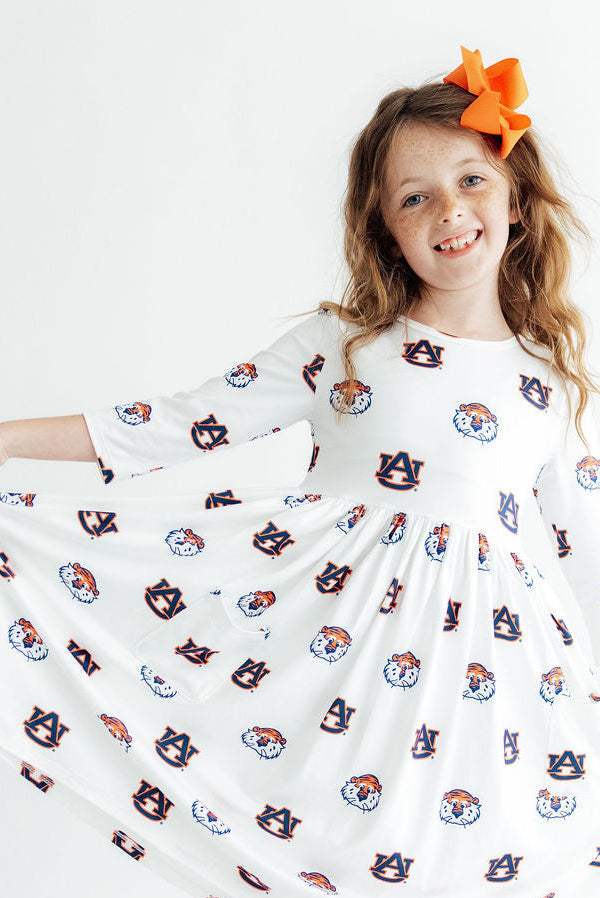 Auburn White Aubie 3/4 Sleeve Pocket Twirl Dress - Mila & Rose ® - Flyclothing LLC