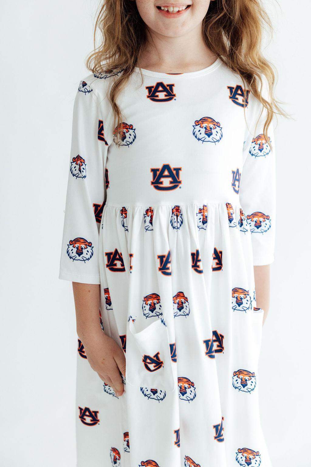 Auburn White Aubie 3/4 Sleeve Pocket Twirl Dress - Mila & Rose ® - Flyclothing LLC