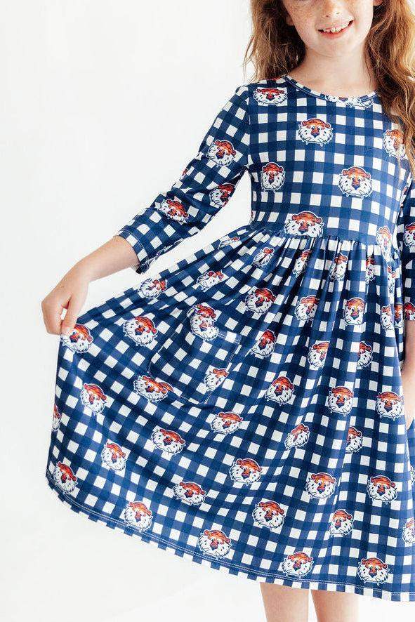 Auburn Plaid Aubie 3/4 Sleeve Pocket Twirl Dress - Mila & Rose ® - Flyclothing LLC
