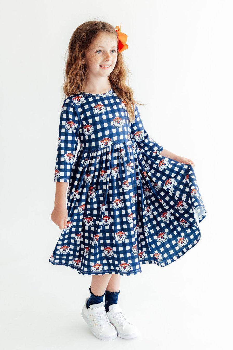 Auburn Plaid Aubie 3/4 Sleeve Pocket Twirl Dress - Mila & Rose ® - Flyclothing LLC