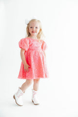 Neon Pink Puff Sleeve Sequin Dress
