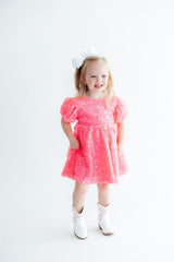 Neon Pink Puff Sleeve Sequin Dress