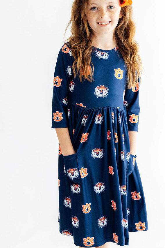 Auburn Blue Aubie 3/4 Sleeve Pocket Twirl Dress - Mila & Rose ® - Flyclothing LLC