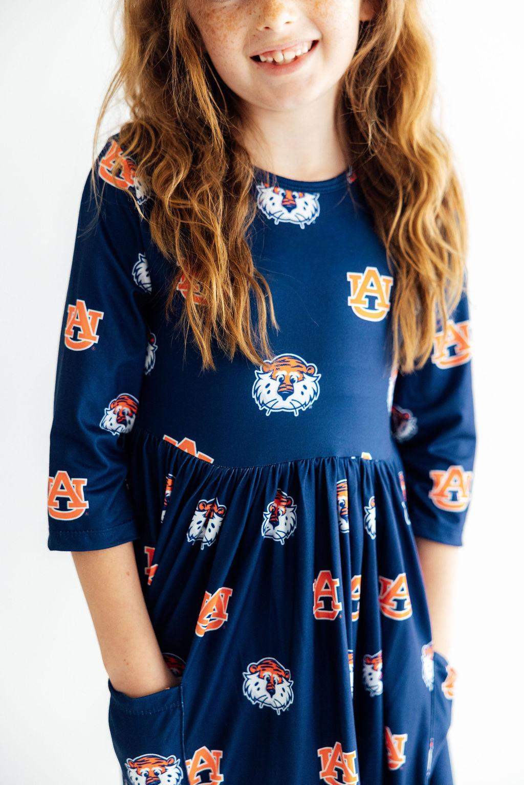 Auburn Blue Aubie 3/4 Sleeve Pocket Twirl Dress - Mila & Rose ® - Flyclothing LLC