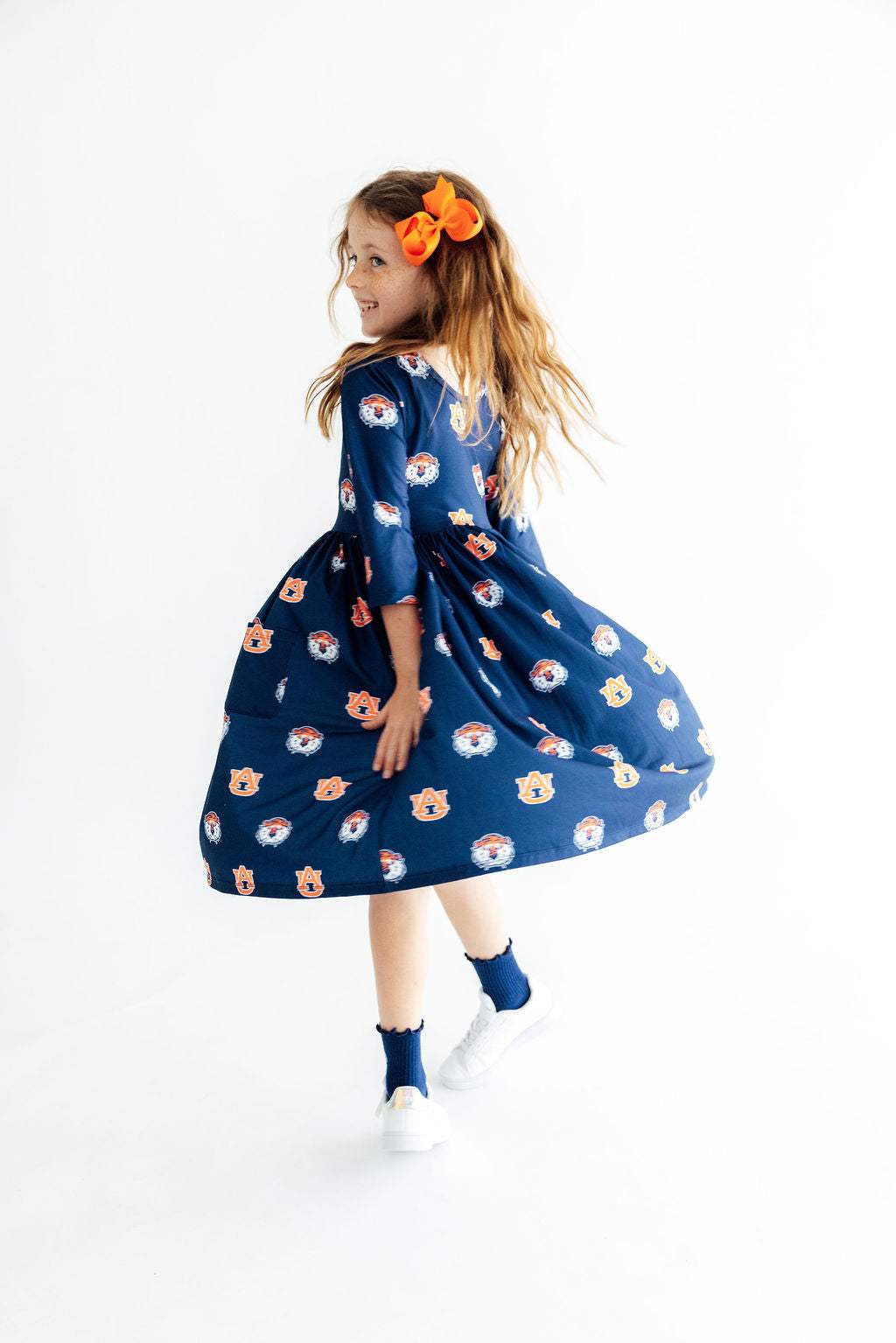Auburn Blue Aubie 3/4 Sleeve Pocket Twirl Dress - Mila & Rose ® - Flyclothing LLC