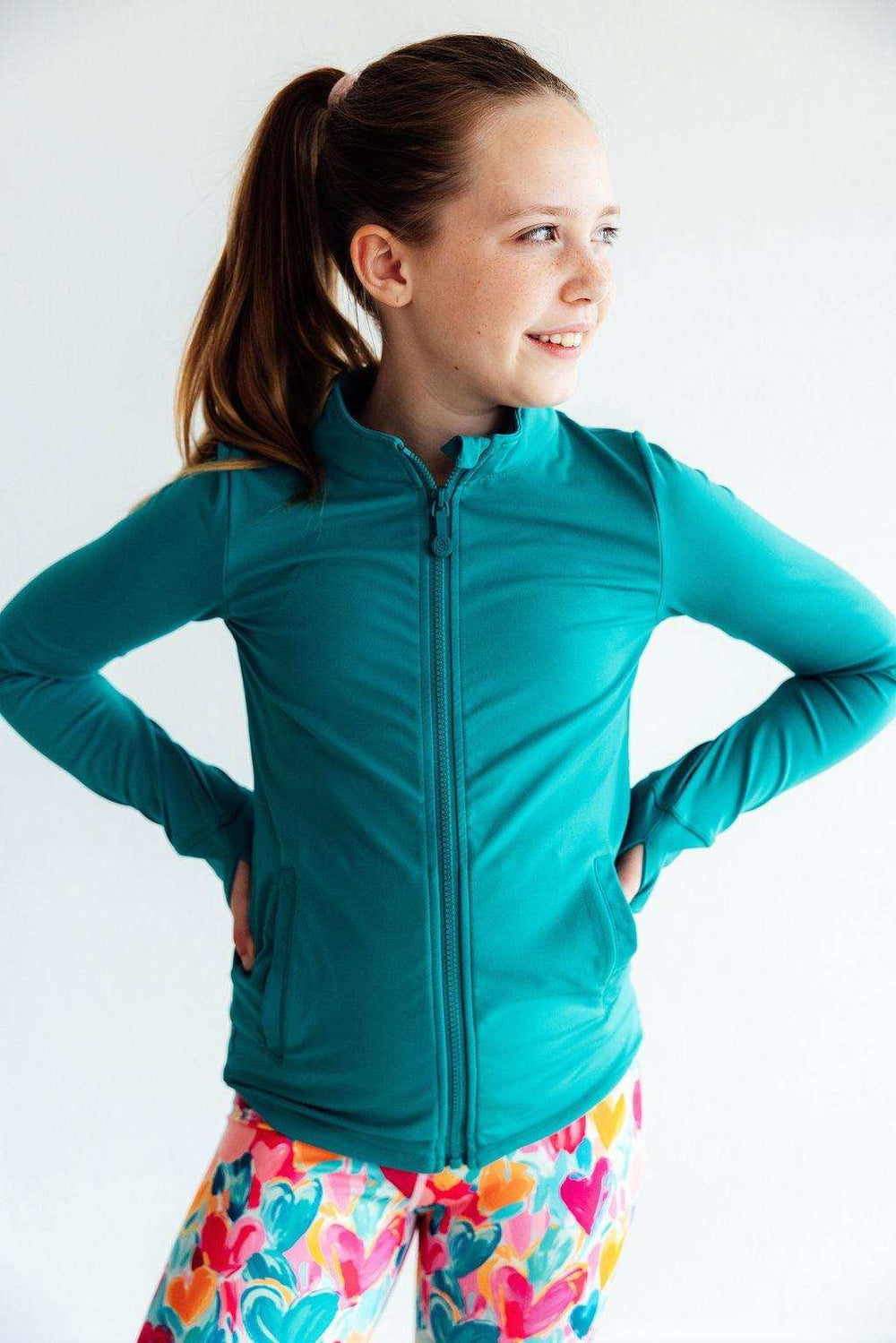 Turbo Teal Full-Zip Ruffle Active Jacket - Mila & Rose ® - Flyclothing LLC