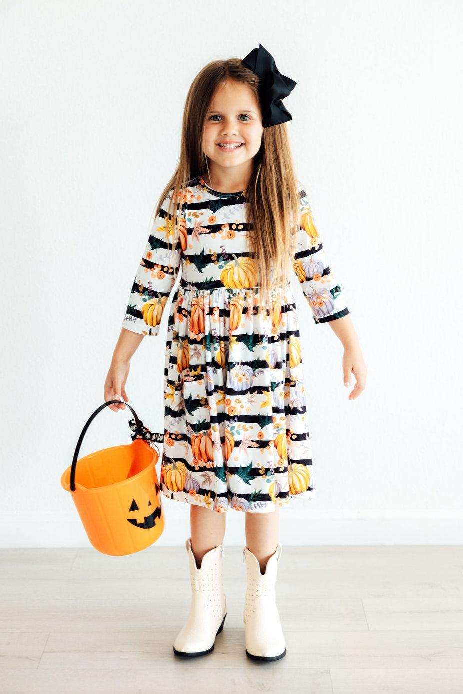 Pumpkins & Peonies 3/4 Sleeve Pocket Twirl Dress - Mila & Rose ® - Flyclothing LLC