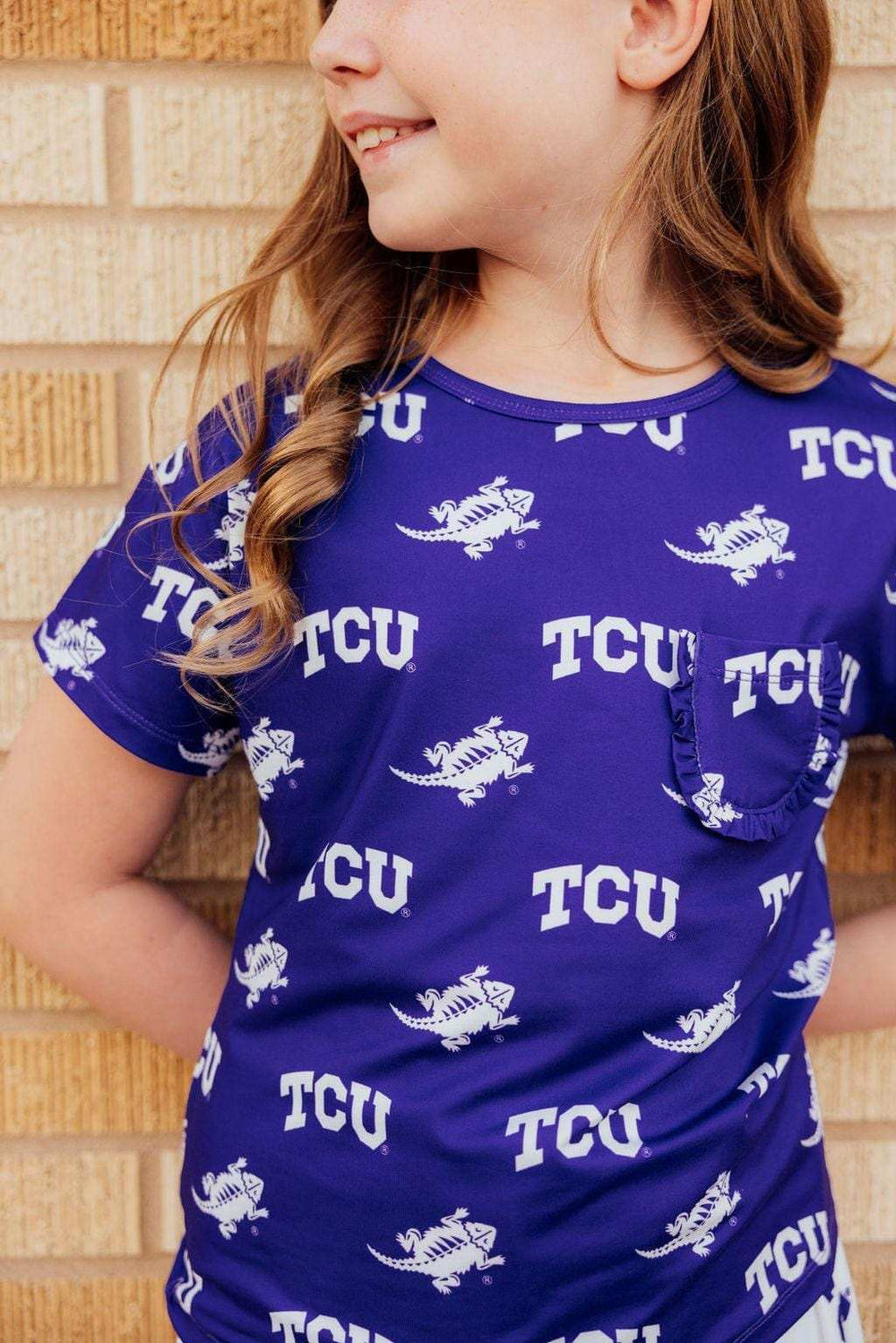 TCU Purple Frog Ruffle Pocket Tee - Mila & Rose ® - Flyclothing LLC