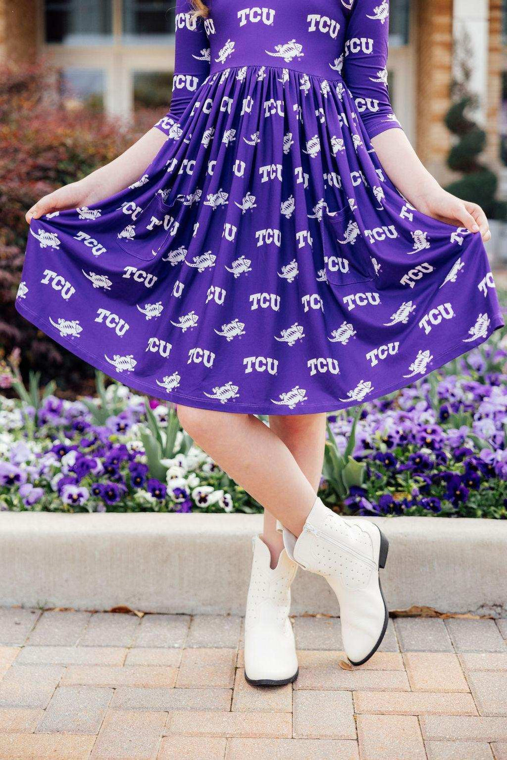 TCU Purple Frog 3/4 Sleeve Pocket Twirl Dress - Mila & Rose ® - Flyclothing LLC