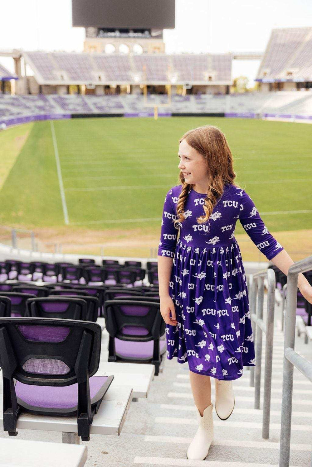 TCU Purple Frog 3/4 Sleeve Pocket Twirl Dress - Mila & Rose ® - Flyclothing LLC