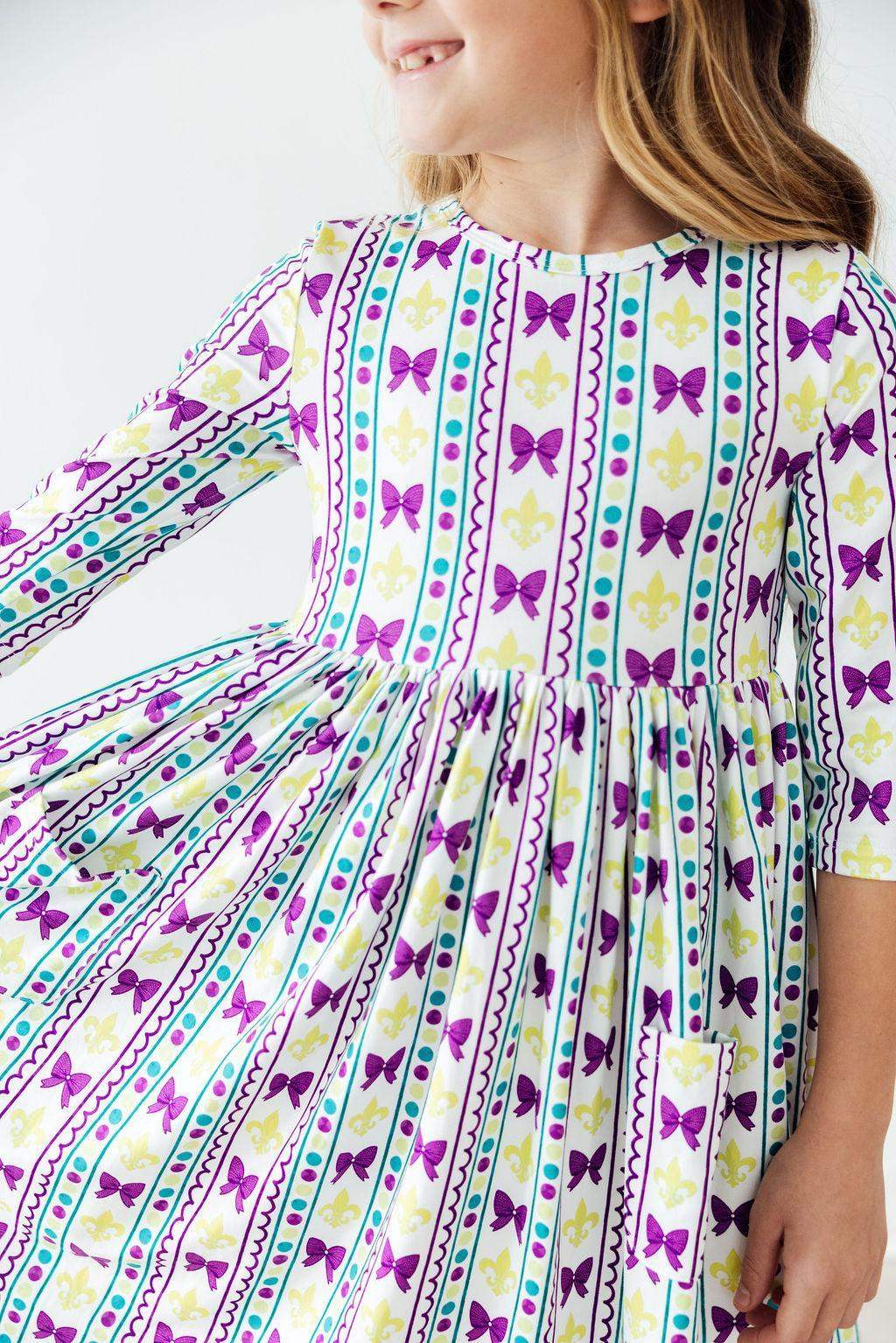 Mardi Gras 3/4 Sleeve Pocket Twirl Dress - Mila & Rose ® - Flyclothing LLC