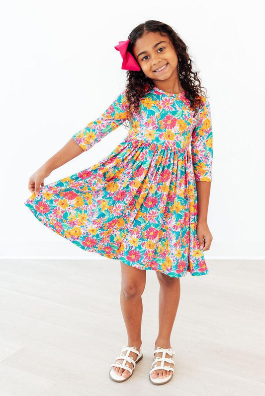 Floral Fiesta 3/4 Sleeve Pocket Twirl Dress