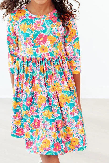 Floral Fiesta 3/4 Sleeve Pocket Twirl Dress - Mila & Rose ® - Flyclothing LLC