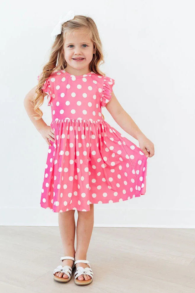 Pink Polka Dots Flutter Sleeve Twirl Dress - Mila & Rose ® - Flyclothing LLC