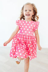 Pink Polka Dots Flutter Sleeve Twirl Dress - Mila & Rose ® - Flyclothing LLC