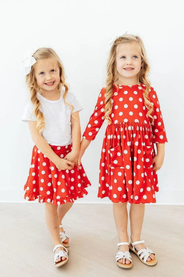 Red Polka Dots 3/4 Sleeve Pocket Twirl Dress - Mila & Rose ® - Flyclothing LLC