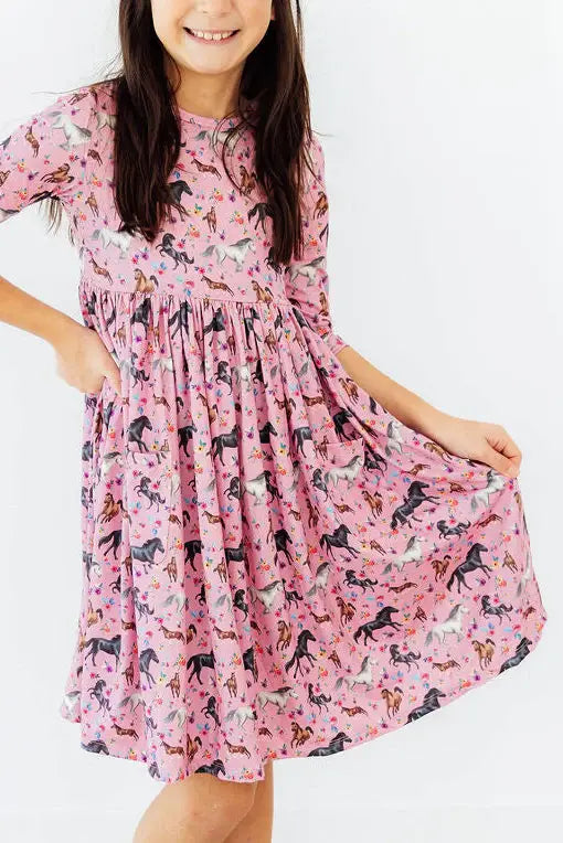 Petals & Ponies 3/4 Sleeve Pocket Twirl Dress - Mila & Rose ® - Flyclothing LLC
