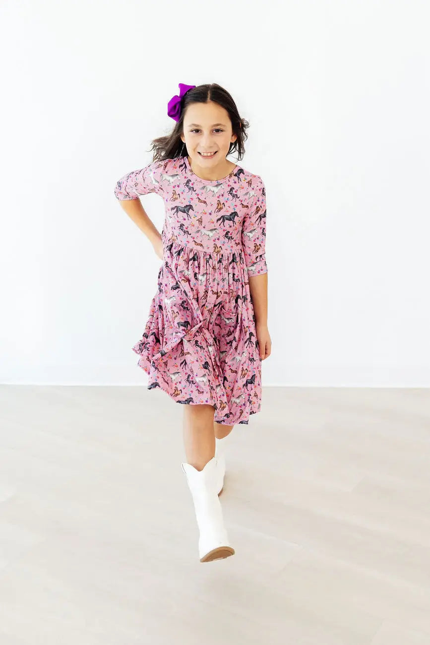 Petals & Ponies 3/4 Sleeve Pocket Twirl Dress - Mila & Rose ® - Flyclothing LLC