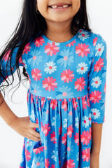 Cotton Candy Daisy 3/4 Sleeve Pocket Twirl Dress - Mila & Rose ® - Flyclothing LLC