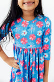 Cotton Candy Daisy 3/4 Sleeve Pocket Twirl Dress - Mila & Rose ® - Flyclothing LLC