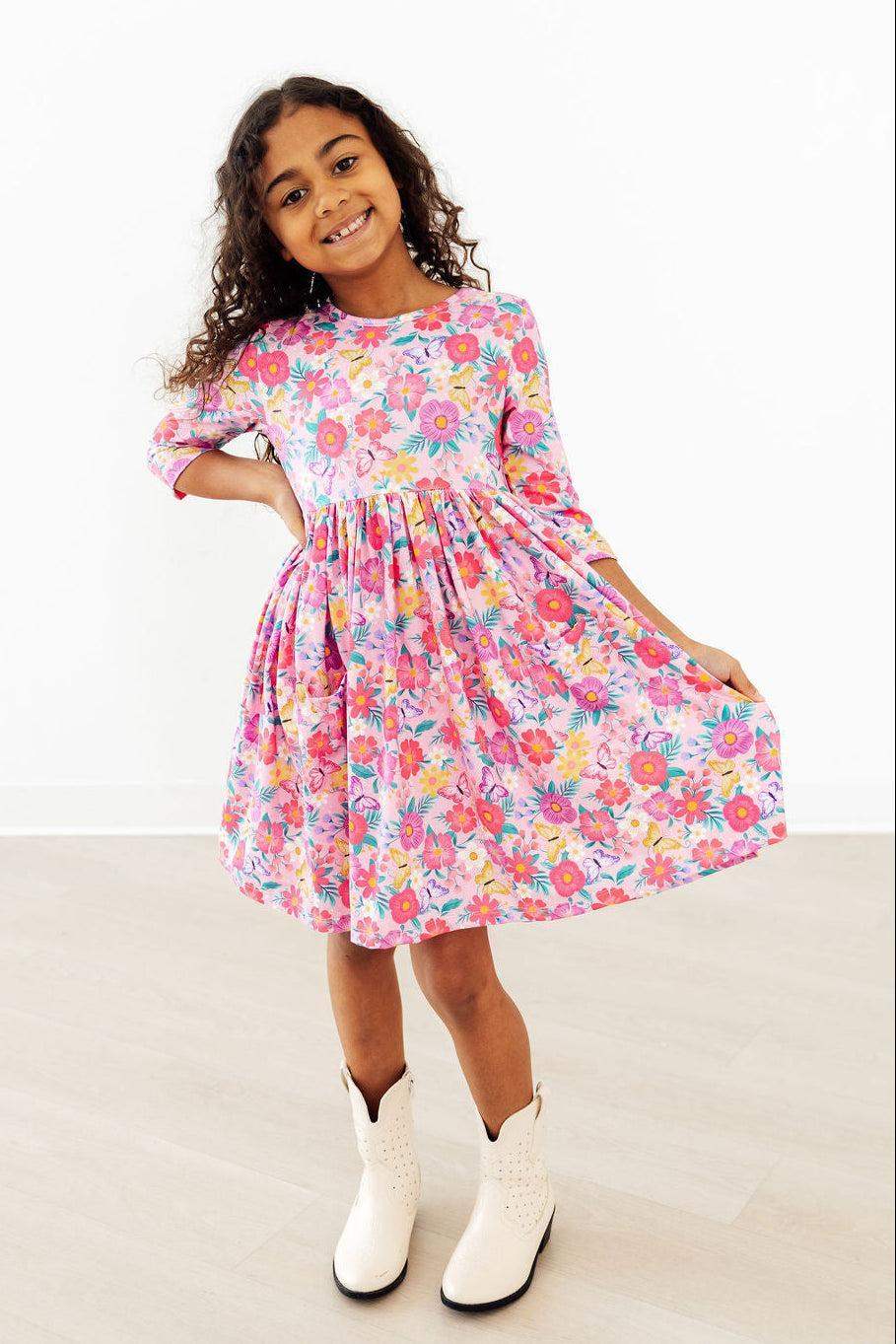 Fluttering Garden 3/4 Sleeve Pocket Twirl Dress - Mila & Rose ® - Flyclothing LLC