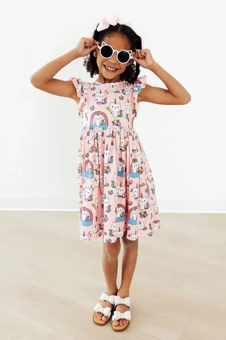 Rainbow Purr-fection Flutter Sleeve Twirl Dress - Mila & Rose ® - Flyclothing LLC