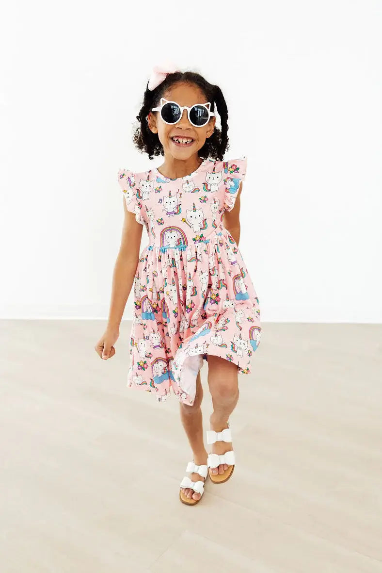 Rainbow Purr-fection Flutter Sleeve Twirl Dress - Mila & Rose ® - Flyclothing LLC