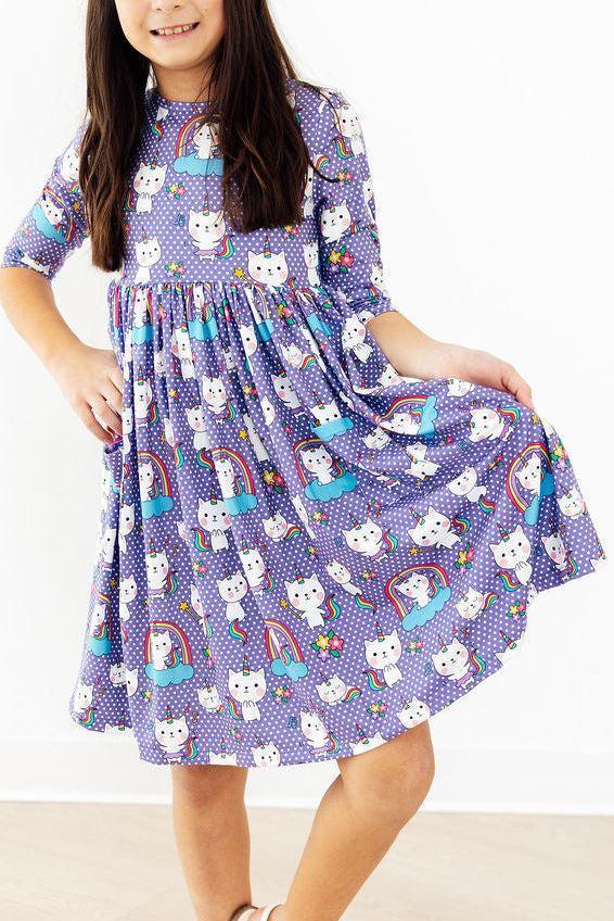 Kitties in the Clouds 3/4 Sleeve Pocket Twirl Dress - Mila & Rose ® - Flyclothing LLC