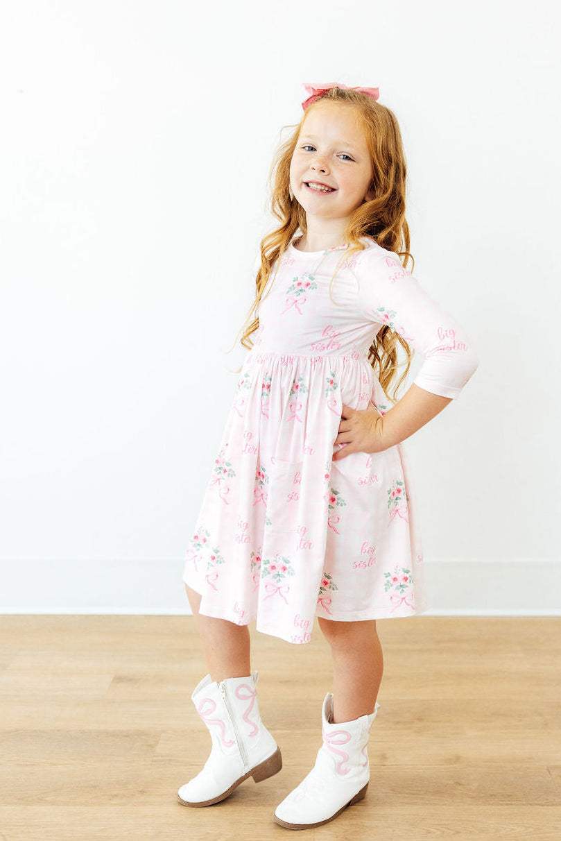 Big Sister Floral 3/4 Sleeve Pocket Twirl Dress - Mila & Rose ® - Flyclothing LLC