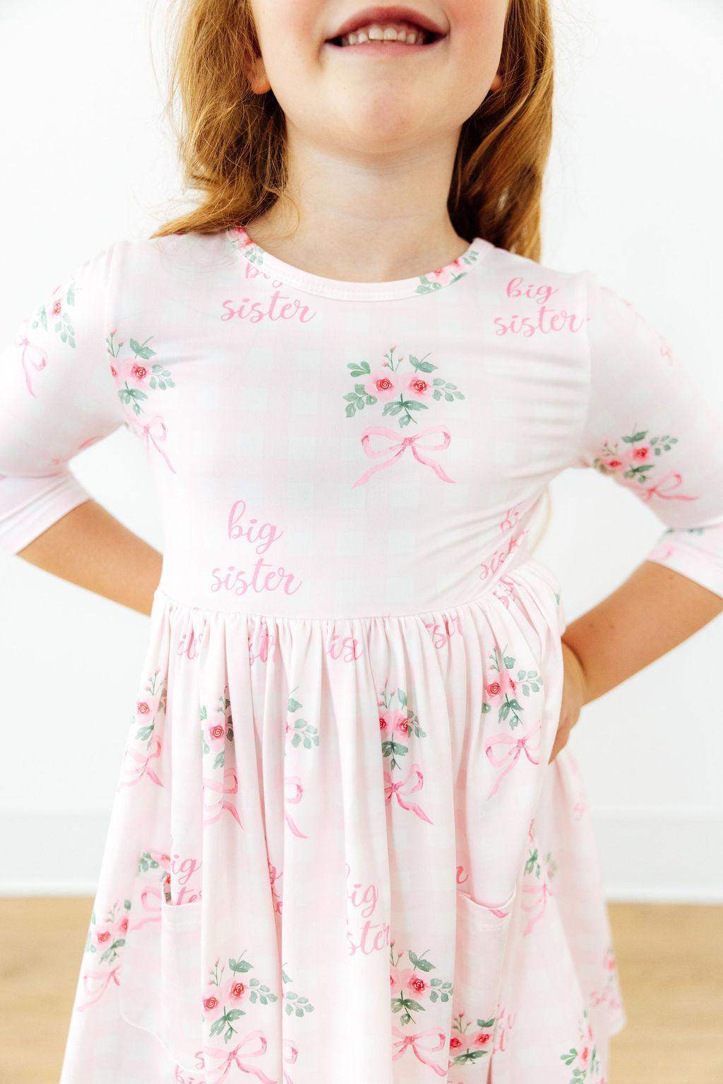 Big Sister Floral 3/4 Sleeve Pocket Twirl Dress - Mila & Rose ® - Flyclothing LLC