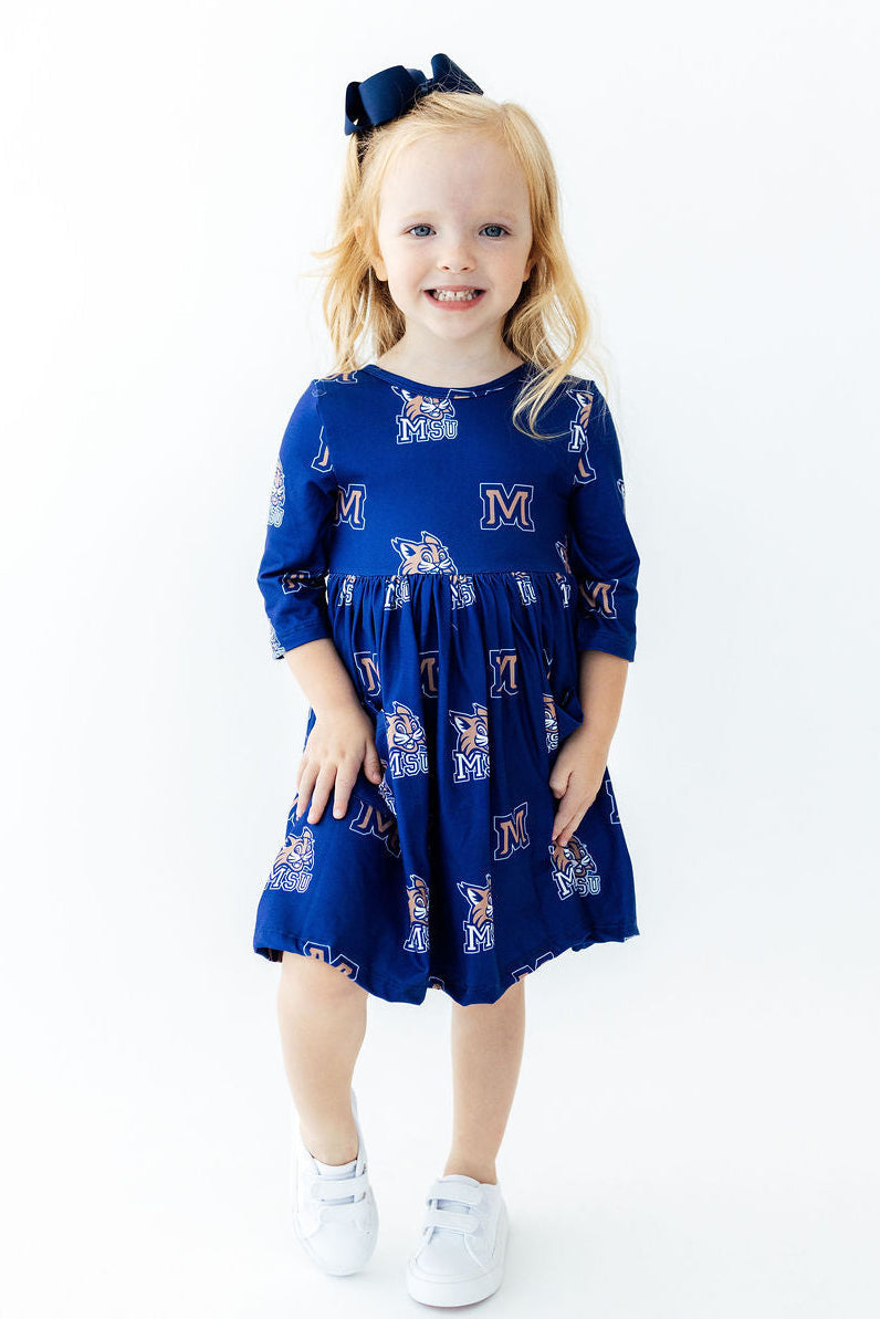 Montana State University Blue Bobcat 3/4 Sleeve Pocket Twirl Dress - Mila & Rose ® - Flyclothing LLC