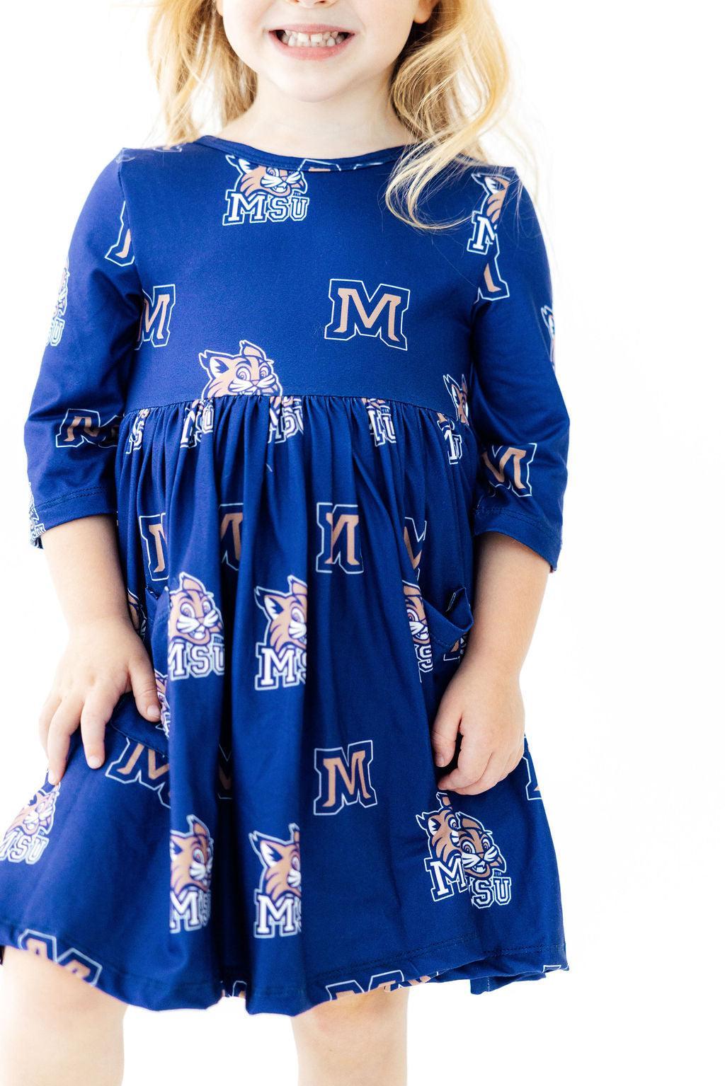 Montana State University Blue Bobcat 3/4 Sleeve Pocket Twirl Dress - Mila & Rose ® - Flyclothing LLC