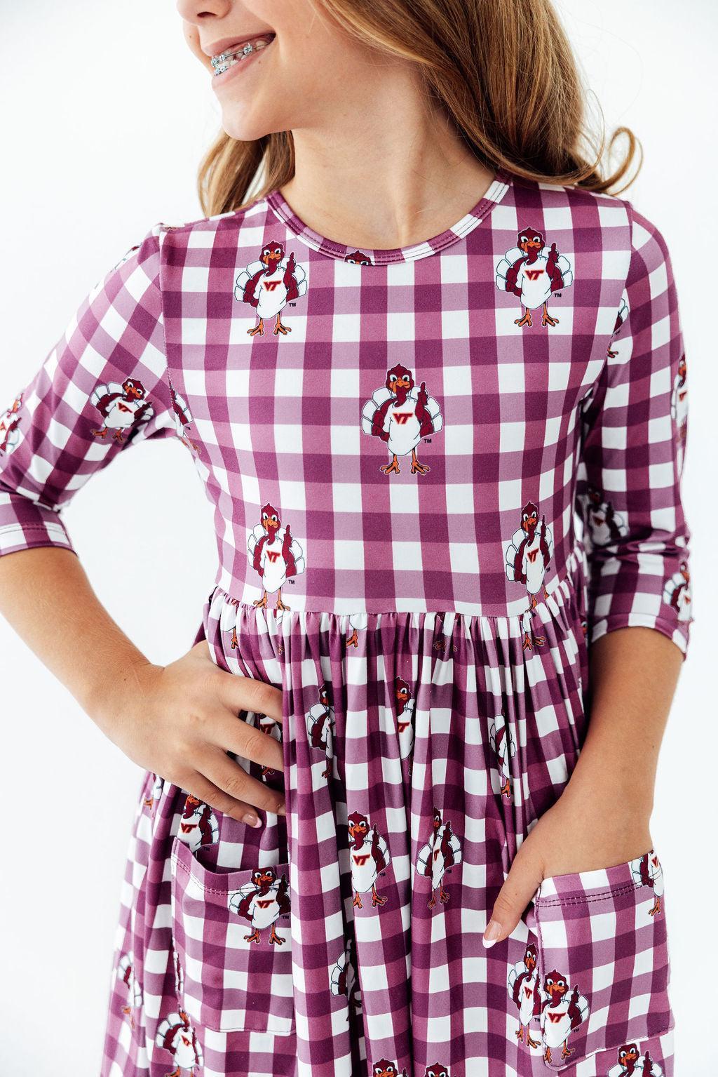 Virginia Tech Plaid Hokie 3/4 Sleeve Pocket Twirl Dress - Mila & Rose ® - Flyclothing LLC