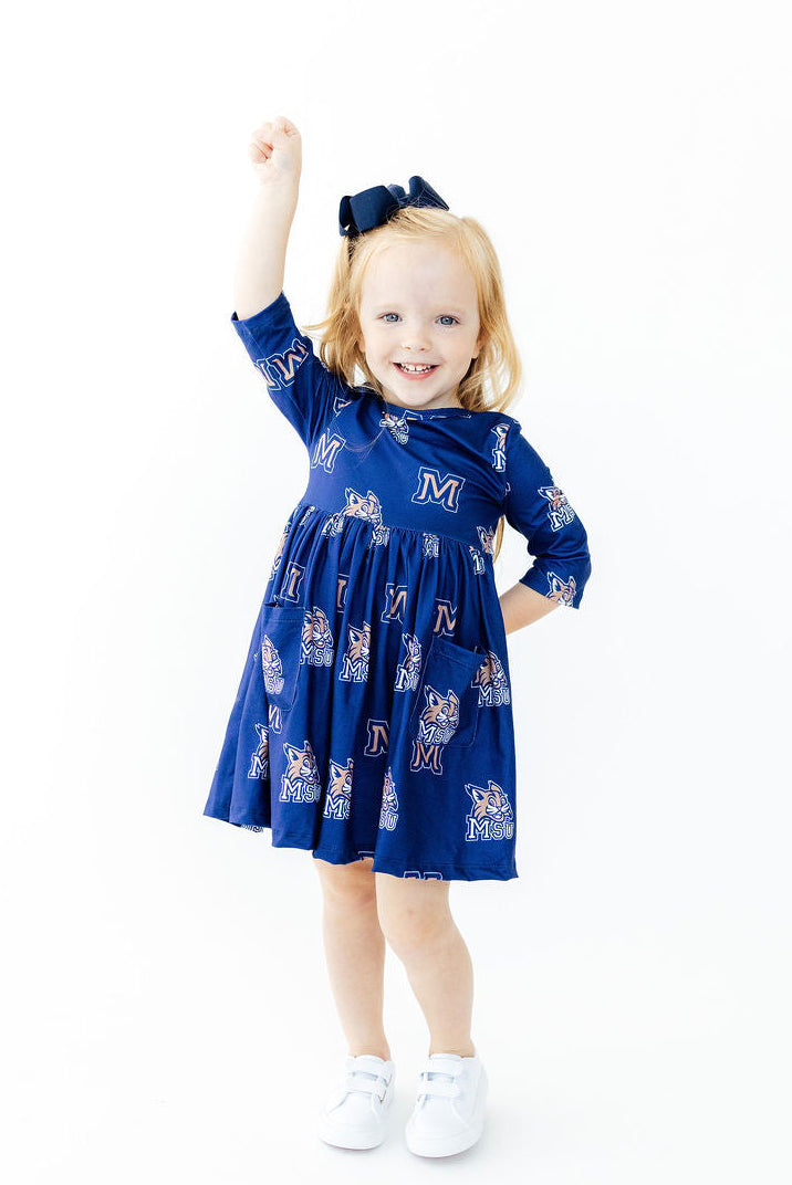 Montana State University Blue Bobcat 3/4 Sleeve Pocket Twirl Dress - Mila & Rose ® - Flyclothing LLC