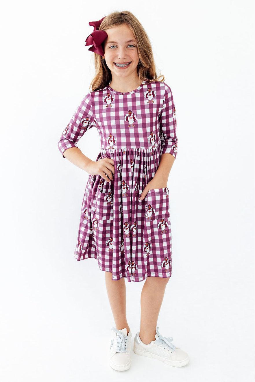 Virginia Tech Plaid Hokie 3/4 Sleeve Pocket Twirl Dress - Mila & Rose ® - Flyclothing LLC