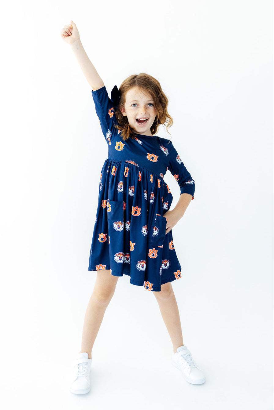 Auburn Blue Aubie 3/4 Sleeve Pocket Twirl Dress - Mila & Rose ® - Flyclothing LLC