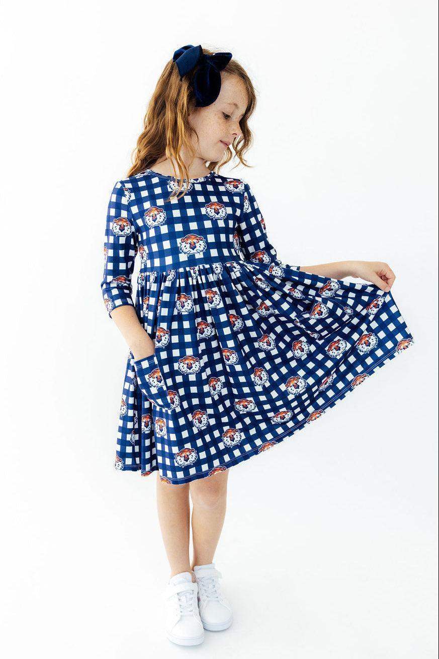 Auburn Plaid Aubie 3/4 Sleeve Pocket Twirl Dress - Mila & Rose ® - Flyclothing LLC