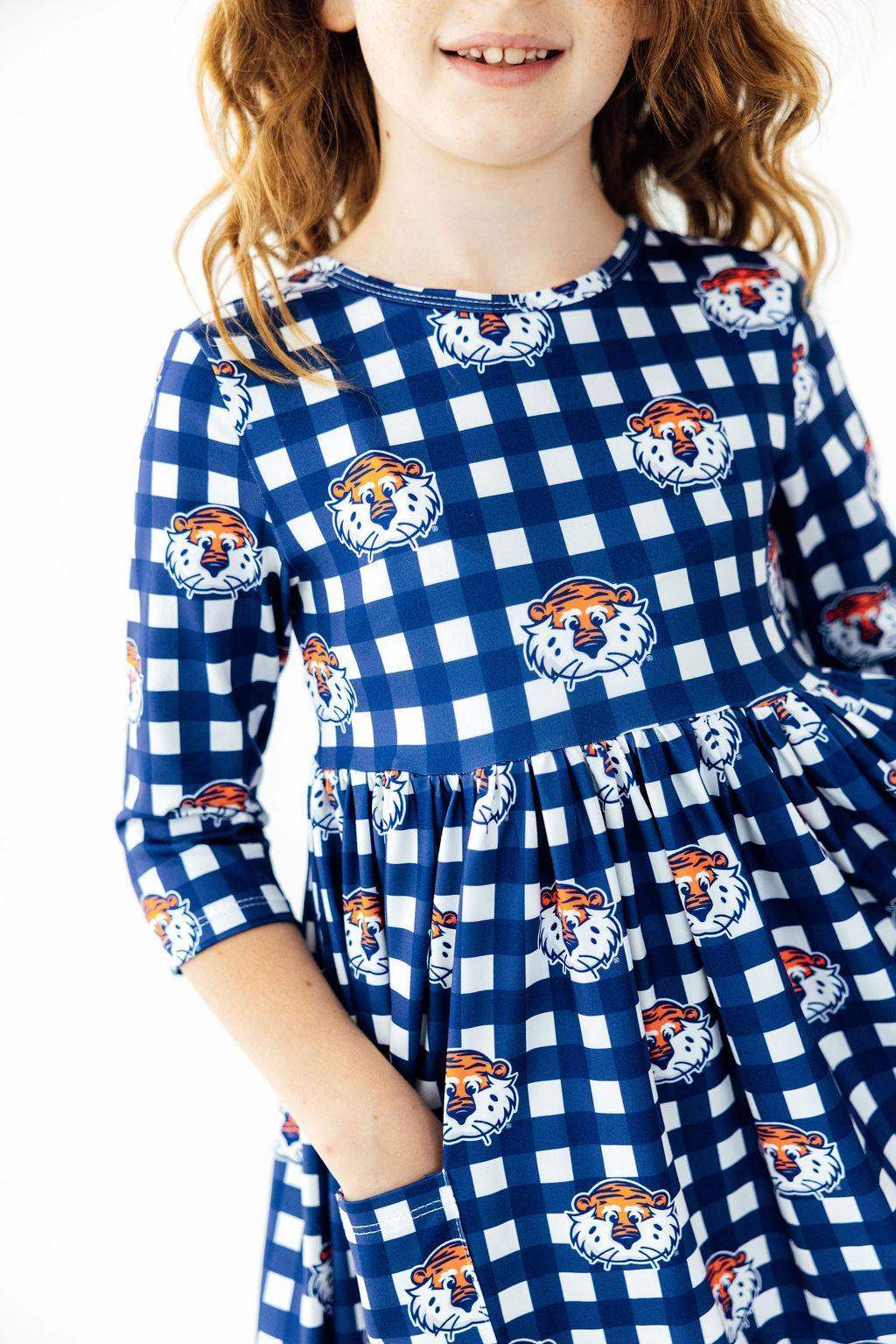 Auburn Plaid Aubie 3/4 Sleeve Pocket Twirl Dress - Mila & Rose ® - Flyclothing LLC