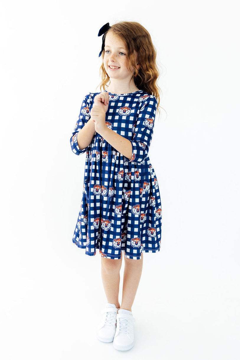 Auburn Plaid Aubie 3/4 Sleeve Pocket Twirl Dress - Mila & Rose ® - Flyclothing LLC