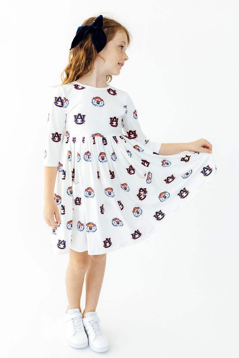 Auburn White Aubie 3/4 Sleeve Pocket Twirl Dress - Mila & Rose ® - Flyclothing LLC