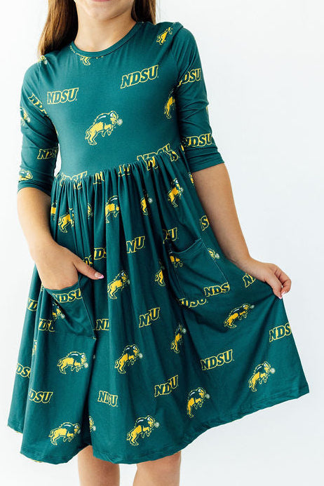 North Dakota State University Green Bison 3/4 Sleeve Pocket Twirl Dress - Mila & Rose ® - Flyclothing LLC
