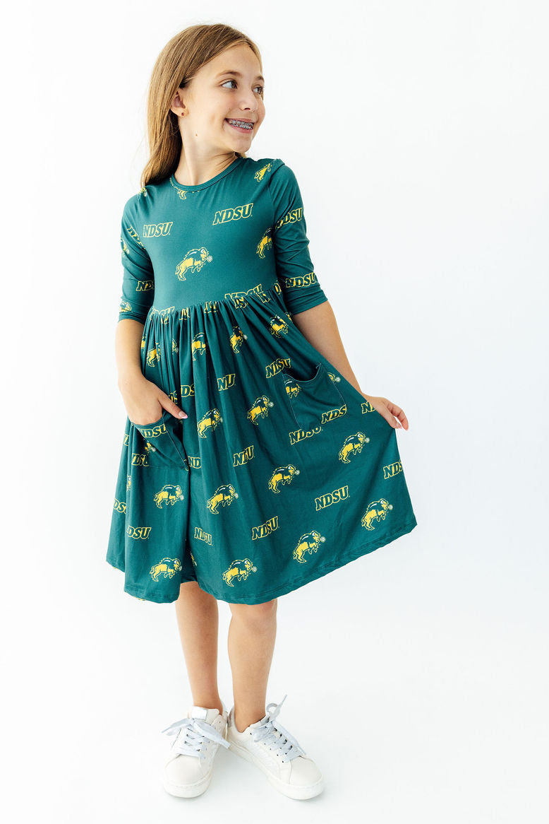 North Dakota State University Green Bison 3/4 Sleeve Pocket Twirl Dress - Mila & Rose ® - Flyclothing LLC
