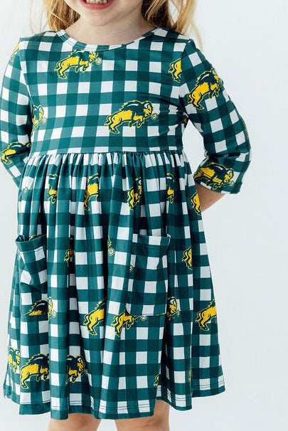 North Dakota State University Plaid Bison 3/4 Sleeve Pocket Twirl Dress - Mila & Rose ® - Flyclothing LLC