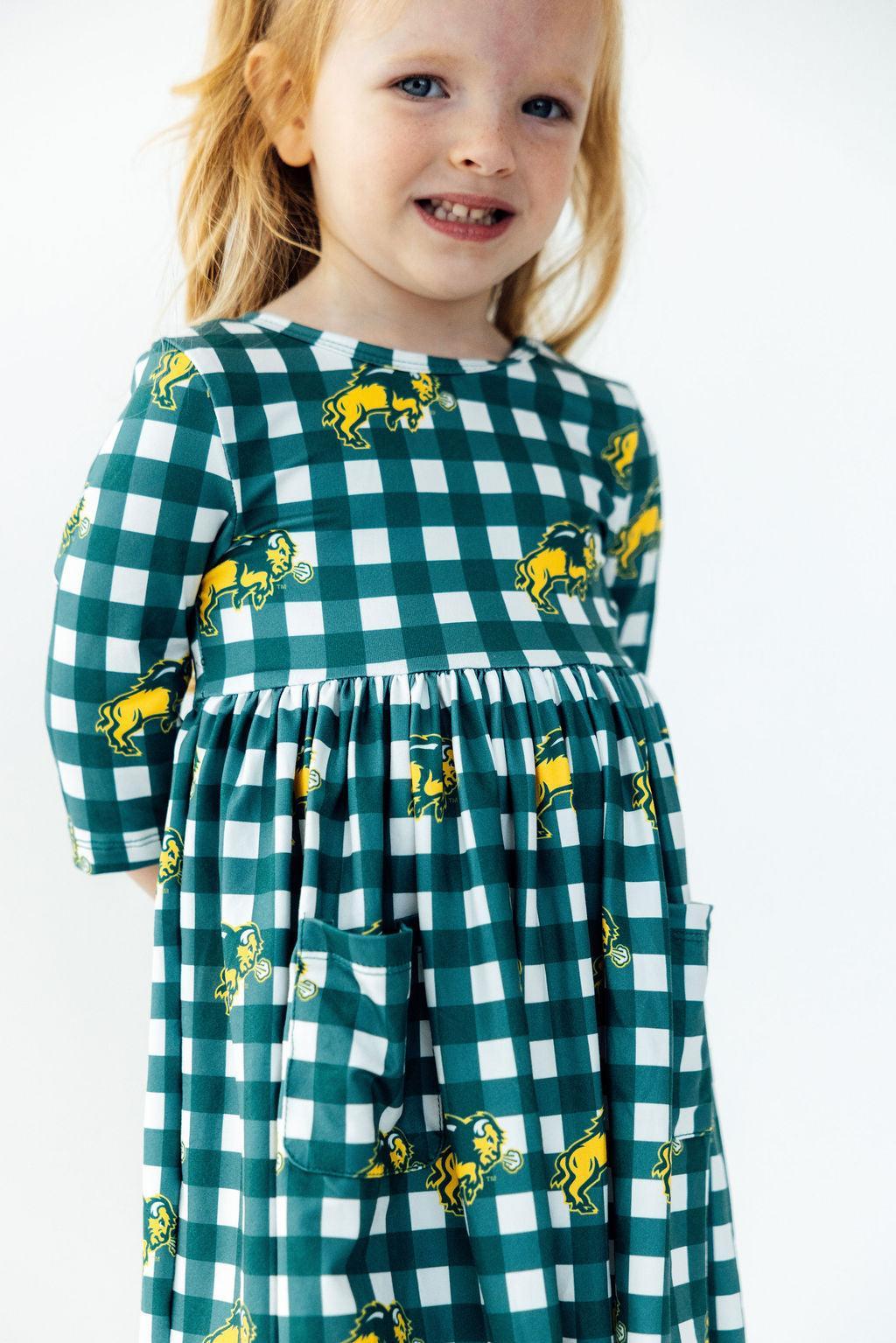 North Dakota State University Plaid Bison 3/4 Sleeve Pocket Twirl Dress - Mila & Rose ® - Flyclothing LLC