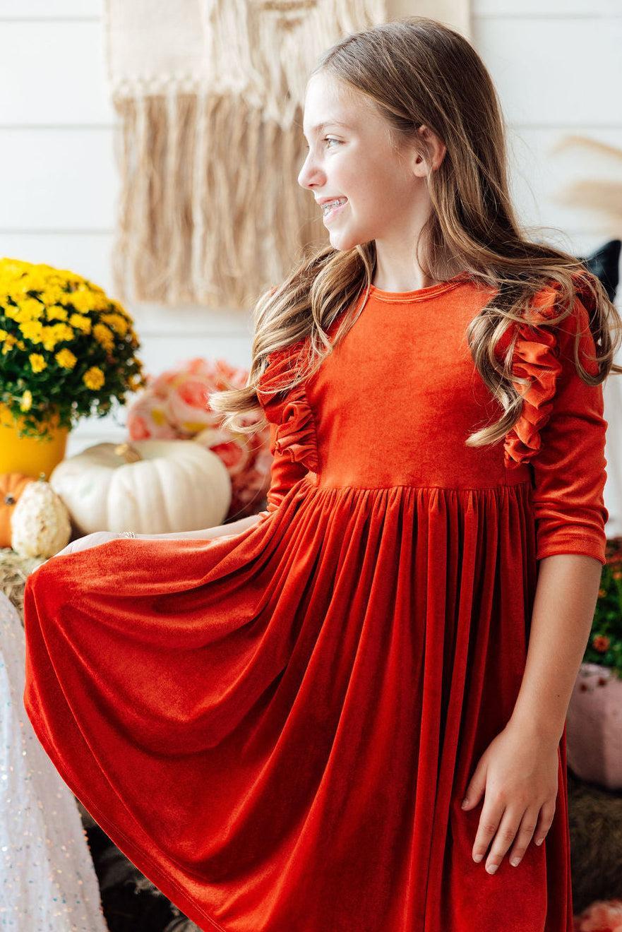Pumpkin Spice Velvet Ruffle Twirl Dress - Mila & Rose ® - Flyclothing LLC