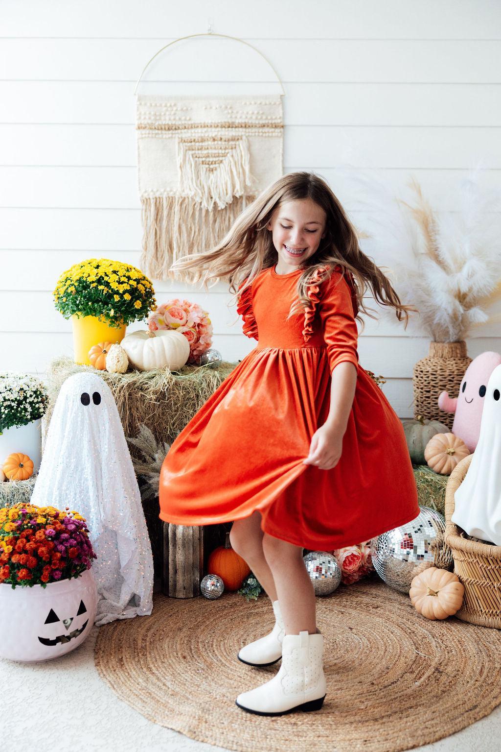 Pumpkin Spice Velvet Ruffle Twirl Dress - Mila & Rose ® - Flyclothing LLC