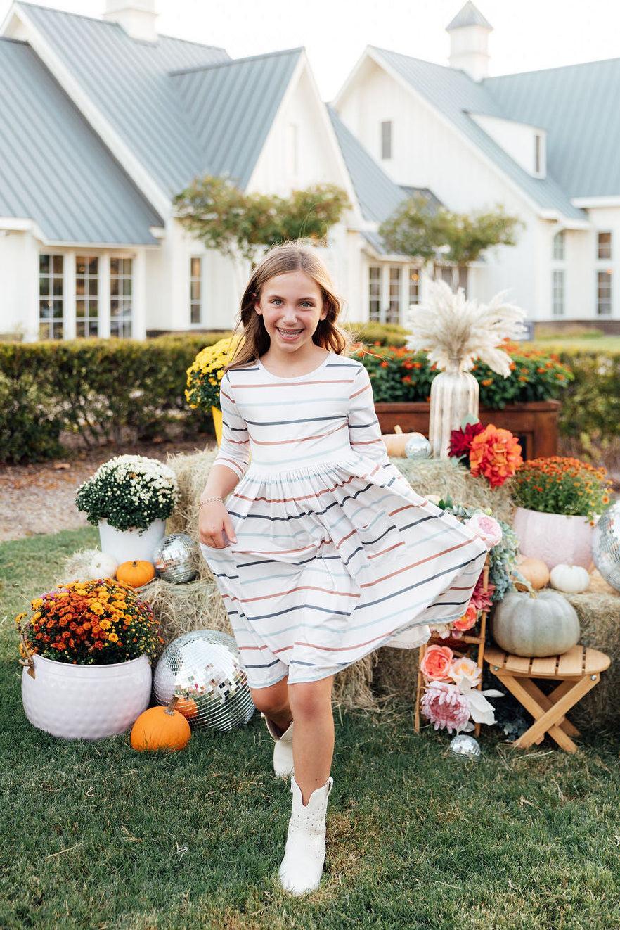 Fall Stripes 3/4 Sleeve Pocket Twirl Dress - Mila & Rose ® - Flyclothing LLC